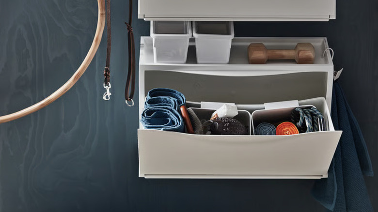 IKEA TRONES Antrenman ekipmanlarını barındıran ayakkabı/saklama dolabı.