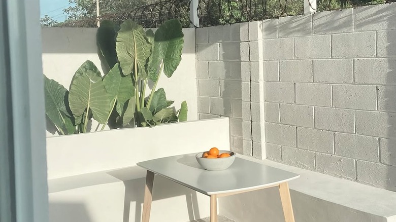 Alçı duvar ve banklarla dekore edilmiş veranda alanı.