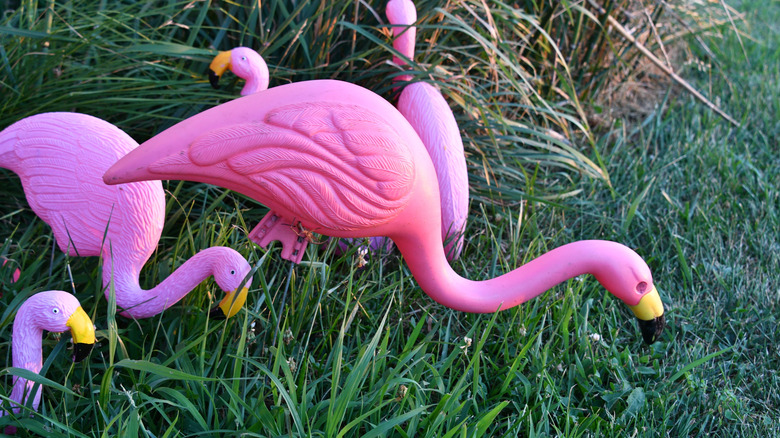 Bahçedeki pembe flamingo süslemeleri