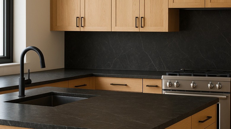 Siyah granit tezgah ve ahşap dolaplı backsplash