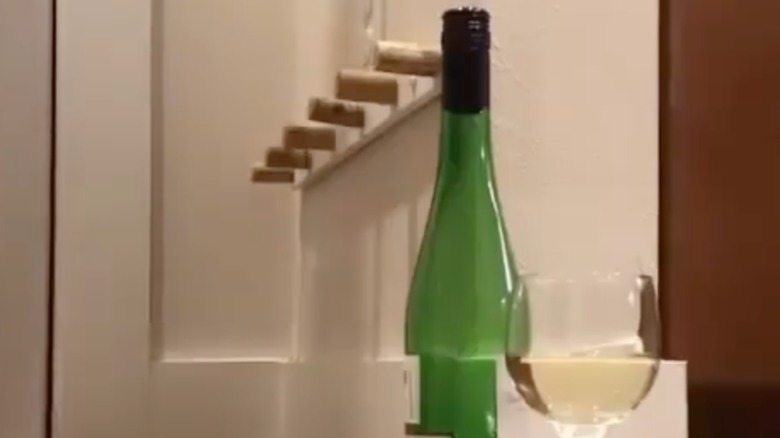 Bir şişe ve bir bardak beyaz şarabın yanında DIY ayakkabı tutucusu