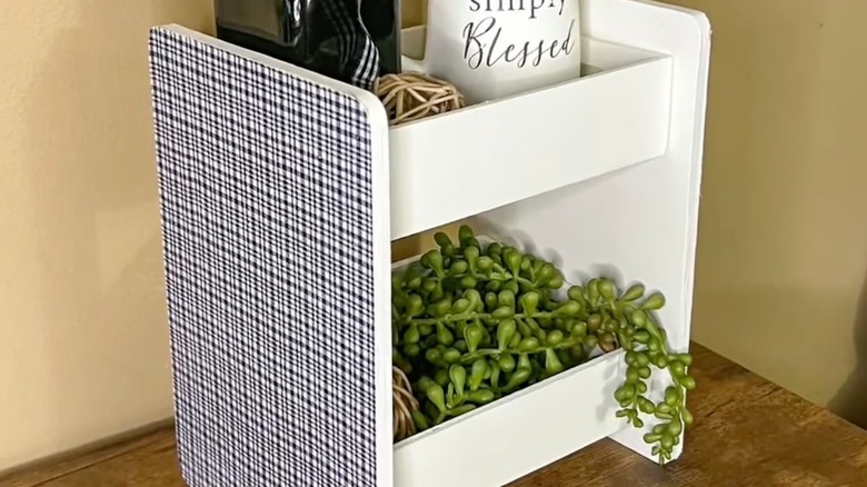 Dolar Ağacı kasalarından ve kesme tahtalarından yapılmış küçük sergileme rafı.