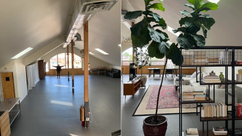 Boş bir çatı katının dekorasyon sürecinin öncesi ve sonrası