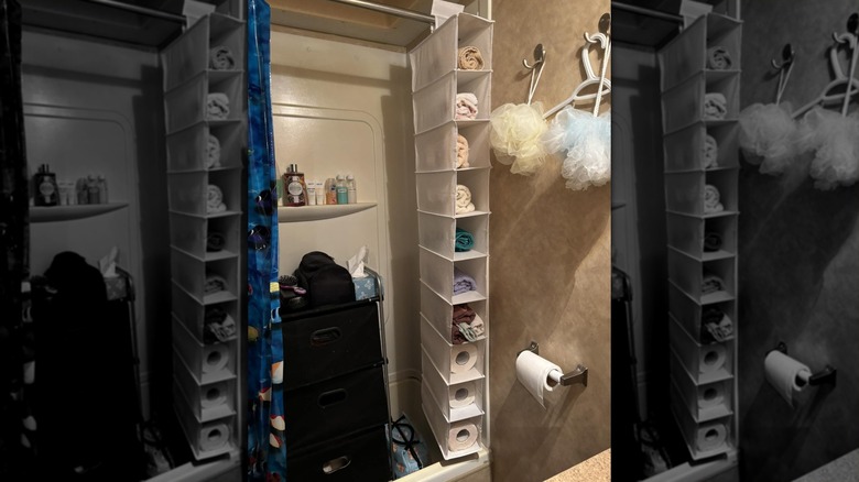 Kağıt havluları ve diğer eşyaları tutacak şekilde yeniden tasarlanmış bir ayakkabı düzenleyici