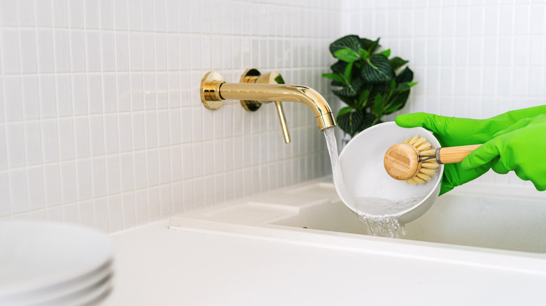 Bir kişi çevre dostu bulaşık fırçası kullanarak kaseyi ovuyor