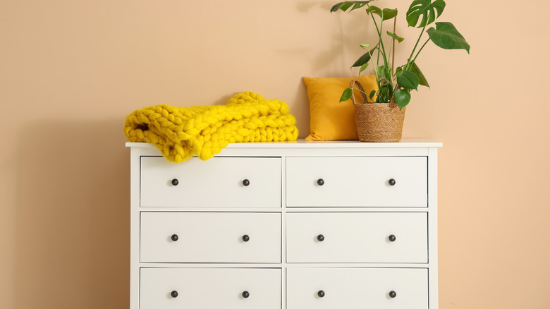 Üstünde battaniye, yastık ve bitki bulunan beyaz bir şifonyer.