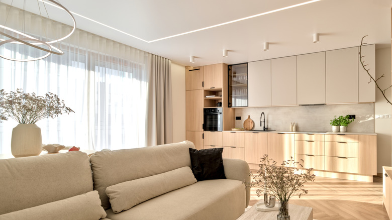Sade, minimalist, aydınlık oturma odası. Sürgülü cam kapılara monte edilen tavan perde ray sistemi.
