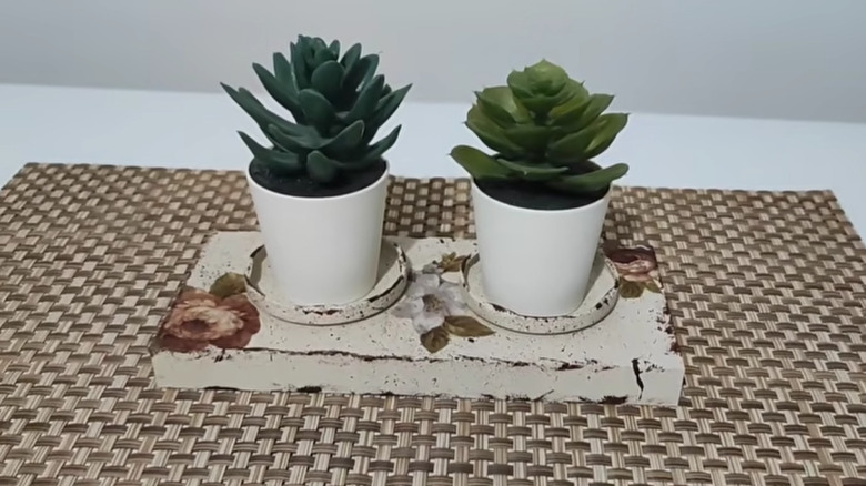 İki mini saksı ev bitkisinin bulunduğu ahşap bir blok üzerine yapıştırılmış iki kavanoz kapağından oluşan boyalı ve süslenmiş bir bitki standı.