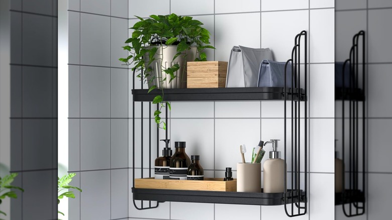 APOTEKARE Banyo ortamında bitki, sabun pompası, diş fırçası tutucusu içeren duvar rafı