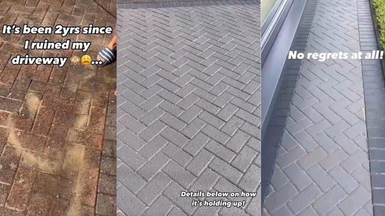 Yan yana kahverengiden griye bir garaj yolu döşemesinin görüntüsü