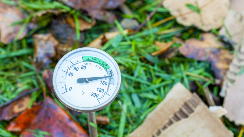 Kompost yığınına itilen bir termometrenin kadranında 40 Fahrenheit derecenin üzerinde bir sıcaklık görülüyor.