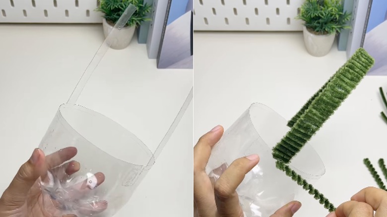 Plastik şişe tabanı ve çiçek detaylı pipo temizleme sepeti