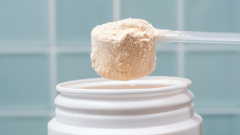bir kaşık peynir altı suyu protein tozunun yakın çekimi