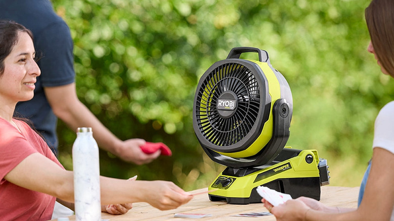 Piknik masasında oturan bir Ryobi hayranı