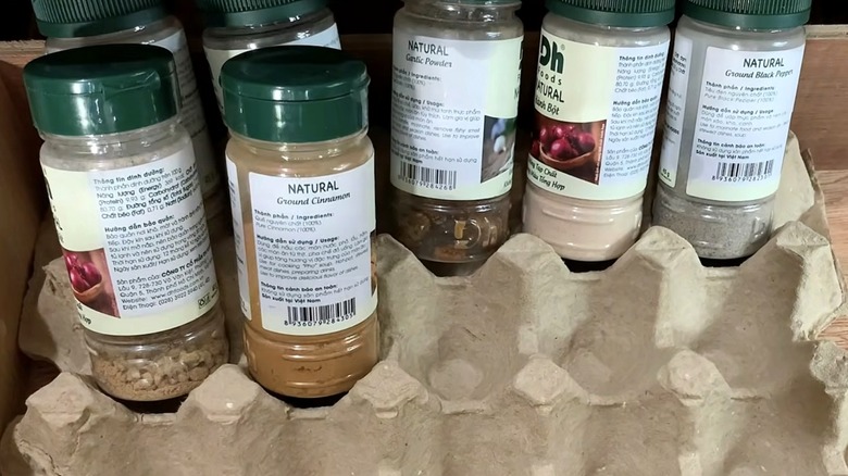 Kendin yap yumurta kartonu baharat tepsisinde düzenlenmiş baharat kapları