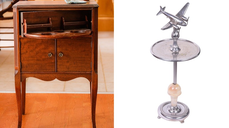 Vintage bir sigara içme masası dolabının ve metal bir sigara içme standının bölünmüş görüntüsü