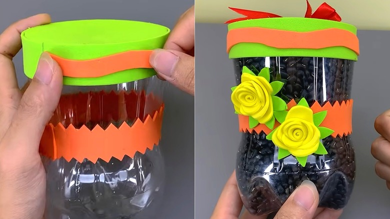 Plastik şişeden yapılmış, süslenen ve ardından fasulyeyle doldurulan DIY saklama kabının bölünmüş görüntüsü