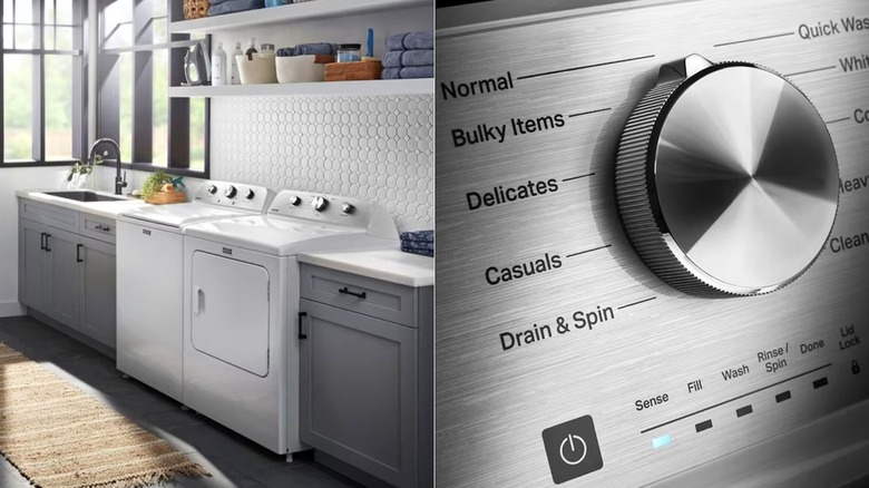 Maytag Derin Dolum Yüksek Verimli Karıştırıcı Büyük (4,5 ft3) Üstten Yüklemeli Yıkayıcı ve kontrol panelinin bölünmüş görüntüsü