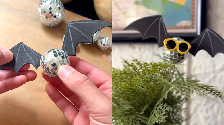 DIY mini disko topu sanatı ve dekor için güneş gözlüğü takan son mini disko topu sopasının bölünmüş görüntüsü