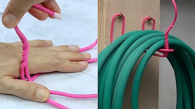 Turuncu duvarda asılı DIY hortum düzenleyici