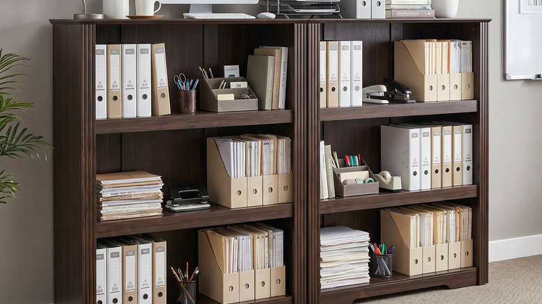 Montaj gerektiren iki kitaplık yan yana, üzerinde çeşitli ofis klasörleri ve sabitler var.