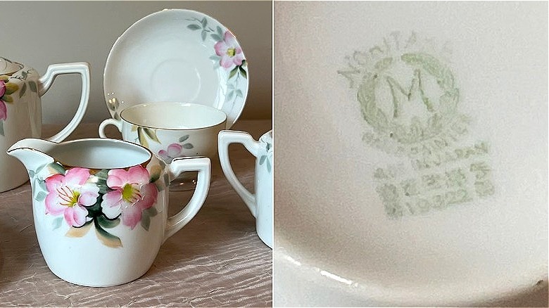 Vintage Noritake Azalea çay takımının bölünmüş görüntüsü ve "M" yapımcının işareti