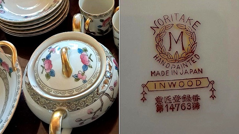 Vintage Noritake parçalarının bölünmüş görüntüsü ve "M" yapımcının işareti