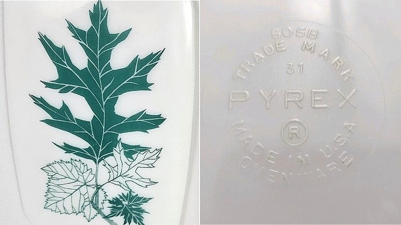 Pyrex'ten Yeşil Meşe Yaprağı 505B somun tavasının ve üreticinin markasının bölünmüş görüntüsü