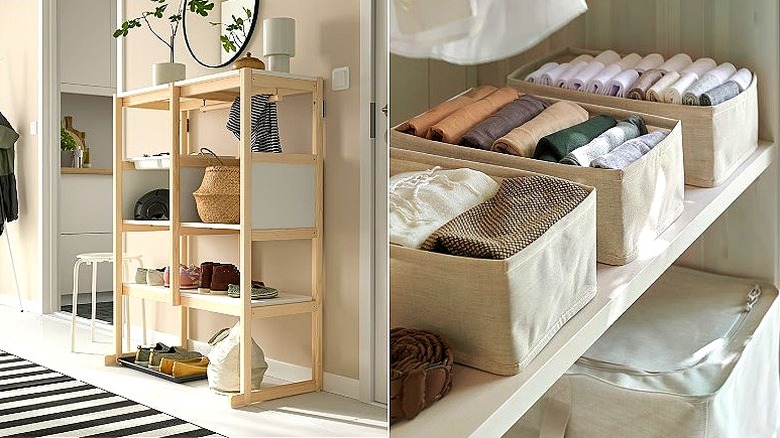 IKEA FLISAT Ön kapı ile mutfak arasındaki duvara yerleştirilmiş açık depolama alanı ve katlanmış eşyaların bulunduğu PURRPINGLA'nın bölünmüş görüntüsü