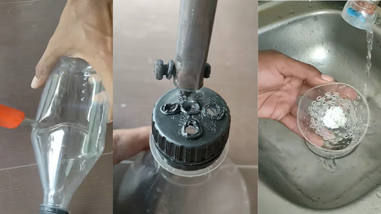 Plastik bir şişenin lavabo süzgecine nasıl dönüştürüleceğini gösteren üç resim.