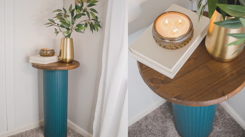 DIY yivli ahşap yan sehpanın bölünmüş görüntüsü.