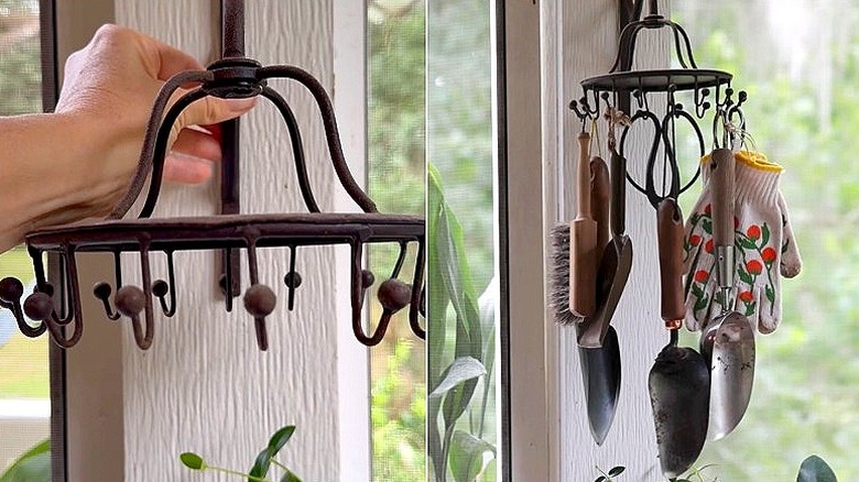 Boş bir metalin, duvara konumlandırılmış dönen kravat askısının ve üzerinde bahçe aletlerinin asılı olduğu aynı kravat askısının bölünmüş görüntüsü