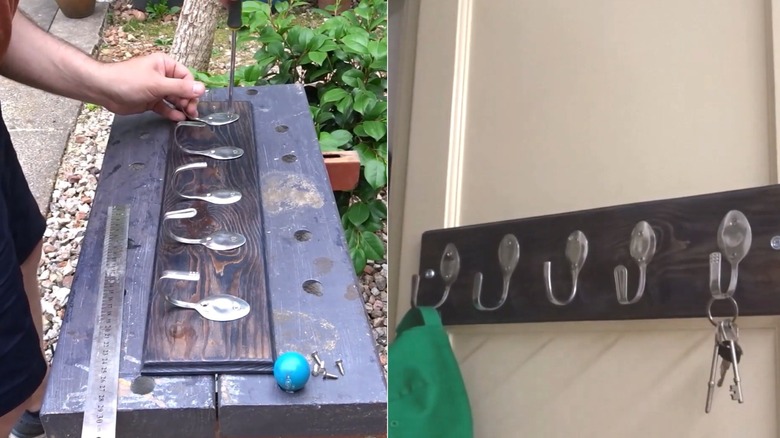 Eski mutfak eşyaları ve hurda ahşap kullanılarak yapılmış bir DIY duvar rafı
