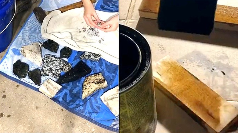 Dövülen granit tezgah parçalarının ve köpük fırçayla boyanan kesilmiş ahşap parçalarının bölünmüş görüntüsü