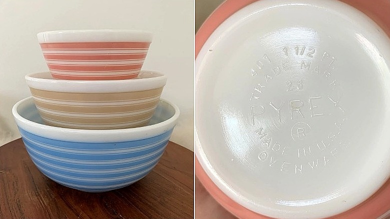 Vintage Pyrex Rainbow Stripe karıştırma kaselerinden oluşan bir setin ve pembe kase üzerindeki üretici işaretinin bölünmüş görüntüsü