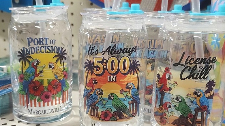 Dollar General Margaritaville koleksiyonundan Kararsızlık Limanı Baskılı Kapaklı ve Pipetli Cam Bardak