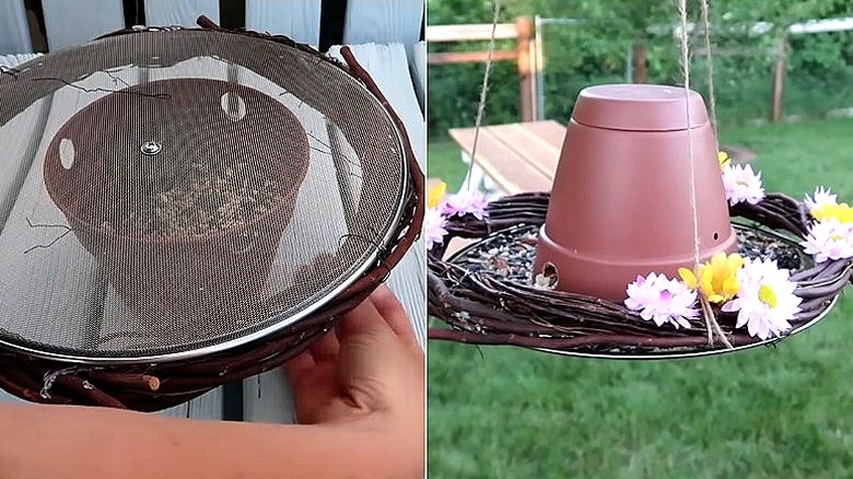 Kuş tohumuyla dolu bir saksının üzerindeki örgü saksı kapağının ve eski saksı kapağı, dal çelengi ve ters çevrilmiş saksıdan yapılmış DIY kuş besleyicisinin bölünmüş görüntüsü