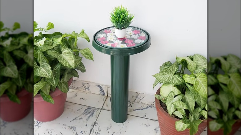 Bir kova kapağı kullanılarak yapılan DIY yan masası, oturma odasındaki iki saksı bitkisiyle çevrilidir.