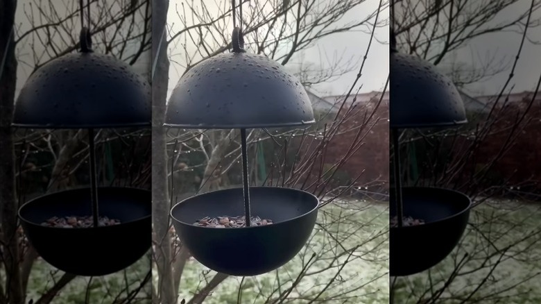 IKEA servis kaselerinden yapılmış siyah bir kuş besleyici bir ağaca asılıdır.