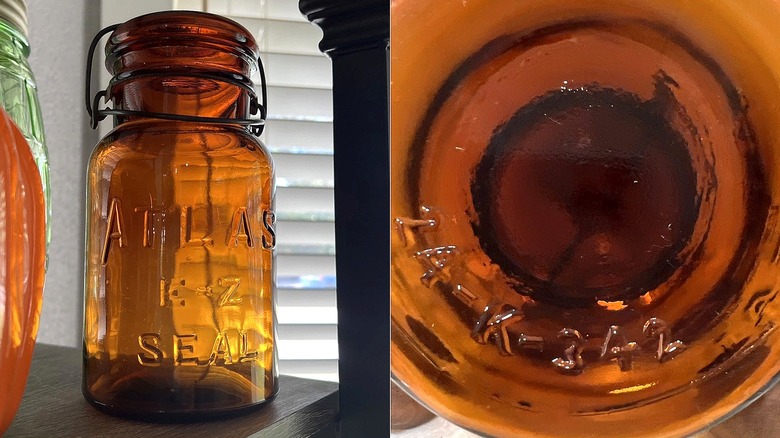 Amber renkli Atlas EZ Seal kavanozunun bölünmüş görüntüsü ve kavanozun alt kısmı, numarayı gösterir