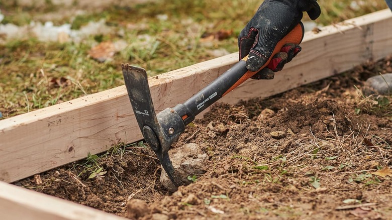 Eldivenli bir askı, Fiskars kazmasıyla toprağın kereste çerçeveli bir bölümünü kazıyor.