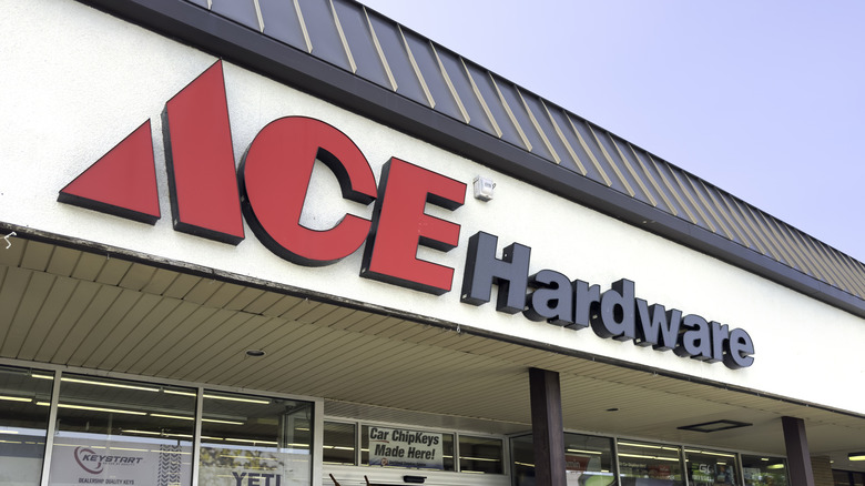 Bir Ace Hardware lokasyonunun ön cephesinde görülen marka adının yakından görünümü.