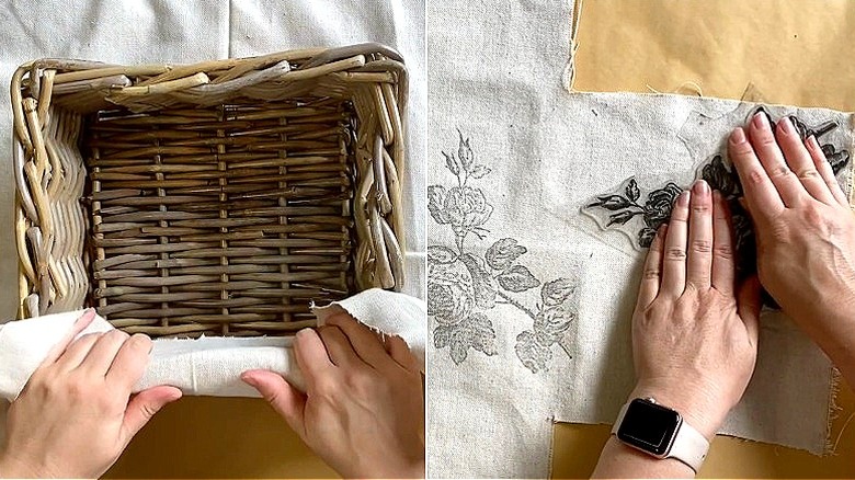 Rattan sepet için kumaşı ölçen bir kişinin ve bir kumaş parçasına çiçek pulları ekleyen kişinin bölünmüş görüntüsü
