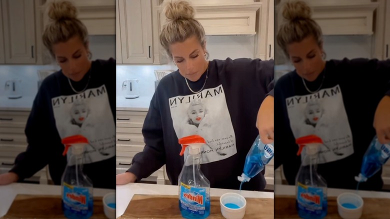 Kadın mücevher temizleyicisi yapmak için Dawn bulaşık sabunu ve Windex'i suyla karıştırıyor.