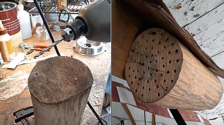 Bir kütüğün ucuna delikler açılması ve içine çok sayıda delik açılmış bir kütüğün veranda saçağından sarkması.