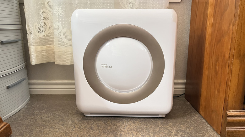 Coway Airmega Mighty AP-1512HH hava temizleyici, diğer mobilyaların ve dantel perdelerin yanında.