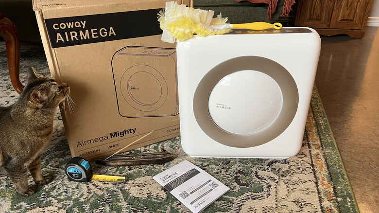 Coway Airmega Mighty AP-1512HH kedi, toz bezi, tütsü ve diğer eşyaların bulunduğu kutunun yanında.