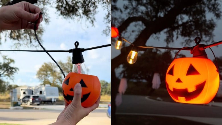 Ampullerin üzerine mini Jack-o'-fener Cadılar Bayramı kovaları takılmış dış mekan dize ışıkları.