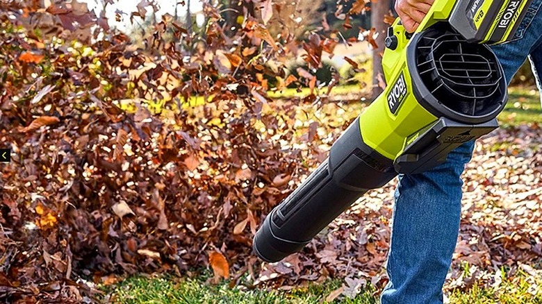 Ryobi 40V HP Fırçasız Fısıltı Serisi Üfleyici bahçedeki yaprakları üflüyor