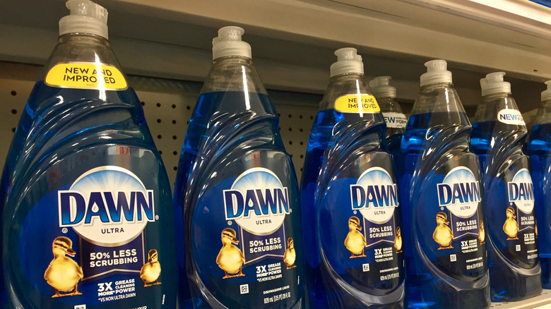 Bir mağazanın içinde Dawn bulaşık sabunuyla dolu bir raf.